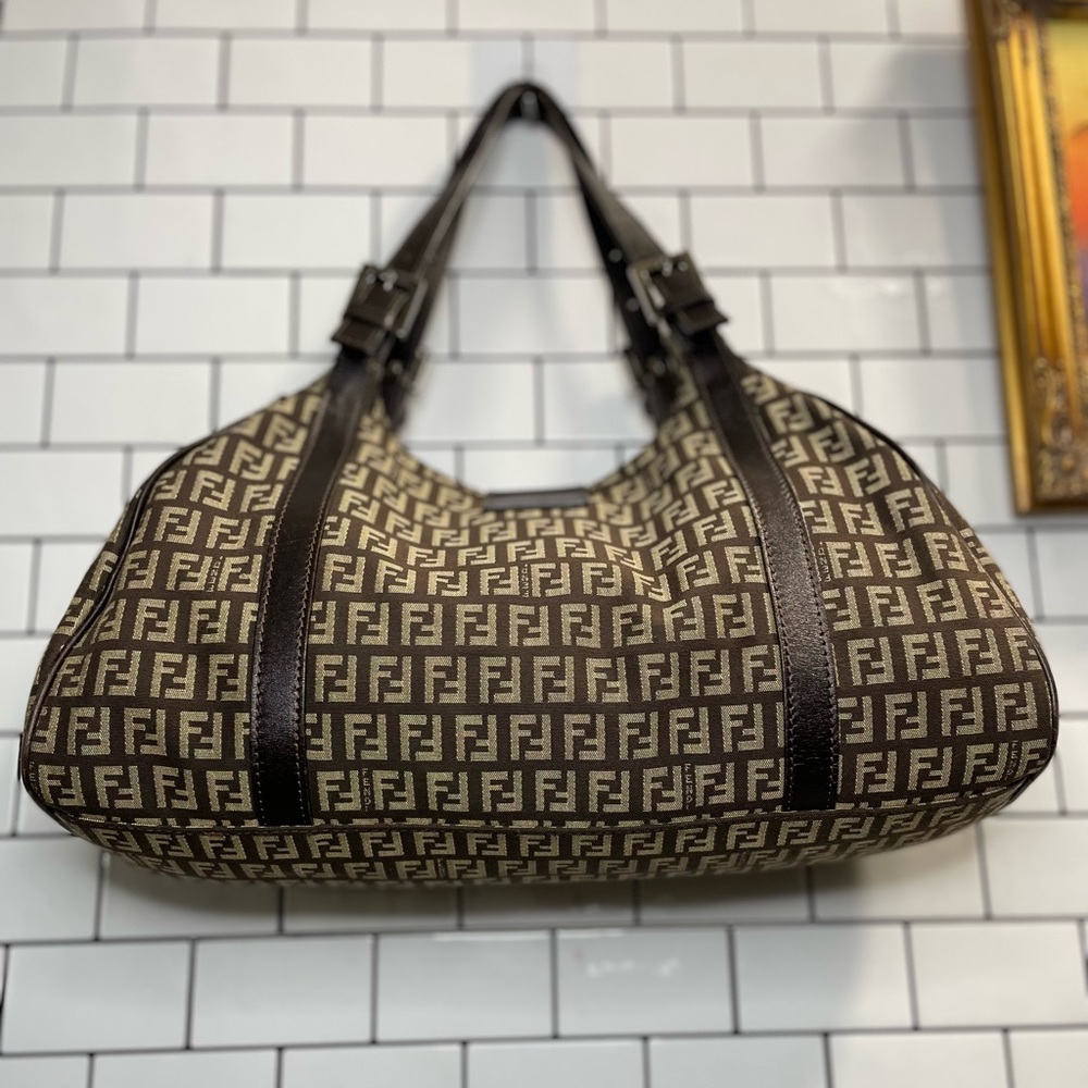 Vintage Fendi Brown Zucchino Canvas and Leather Borsa Piccola Satchel - Picture 15 of 16